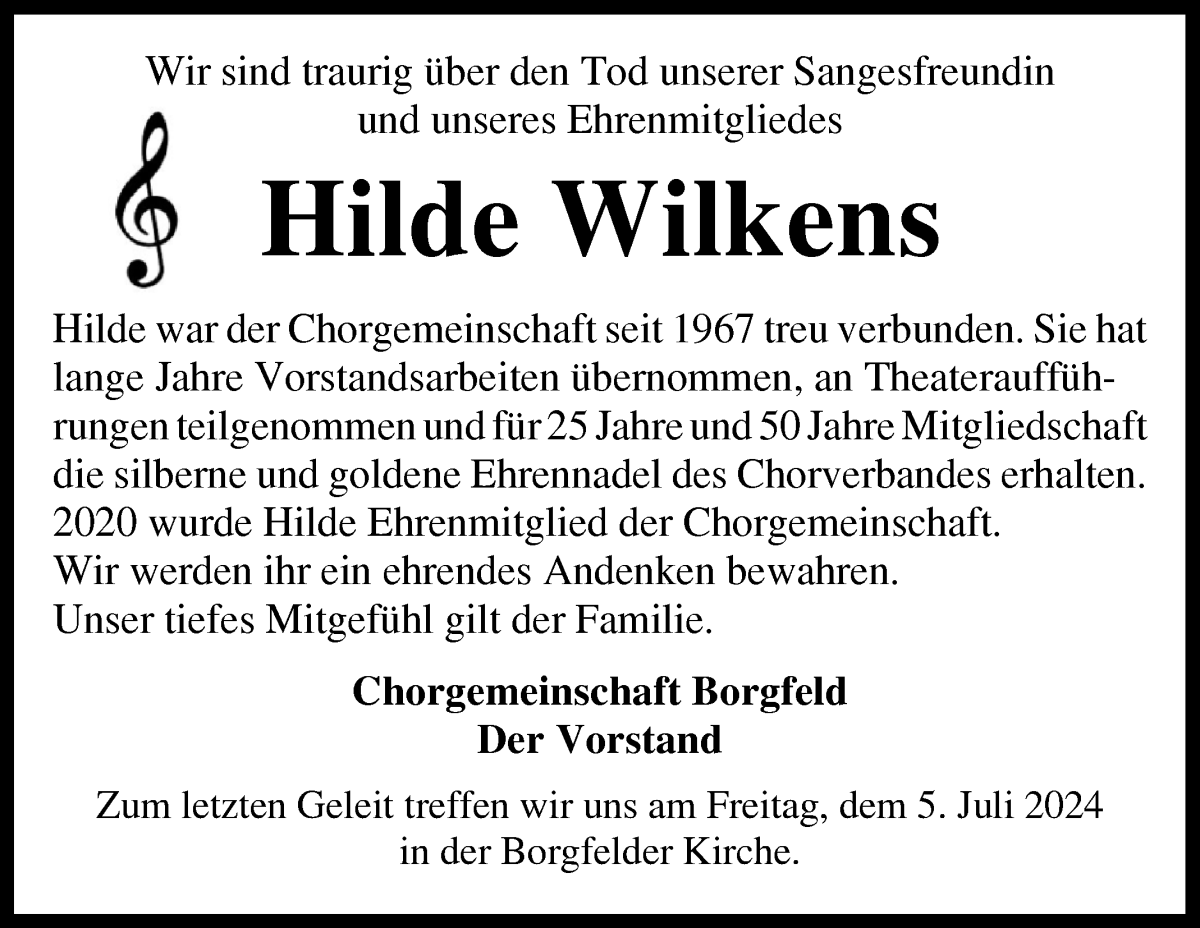 Traueranzeige von Hilde Wilkens von Wuemme Zeitung