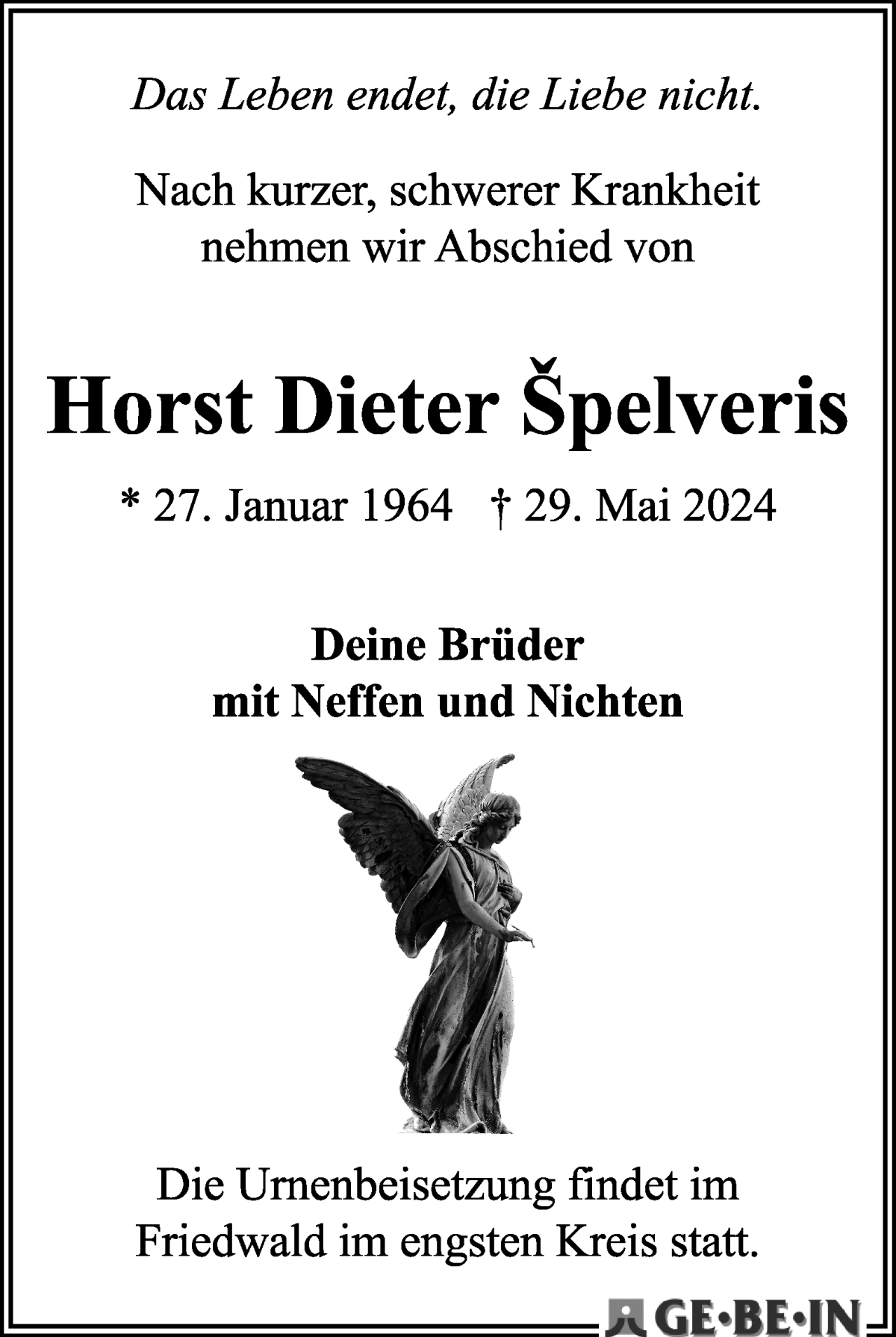 Traueranzeige von Horst Dieter Spelveris von Osterholzer Kreisblatt