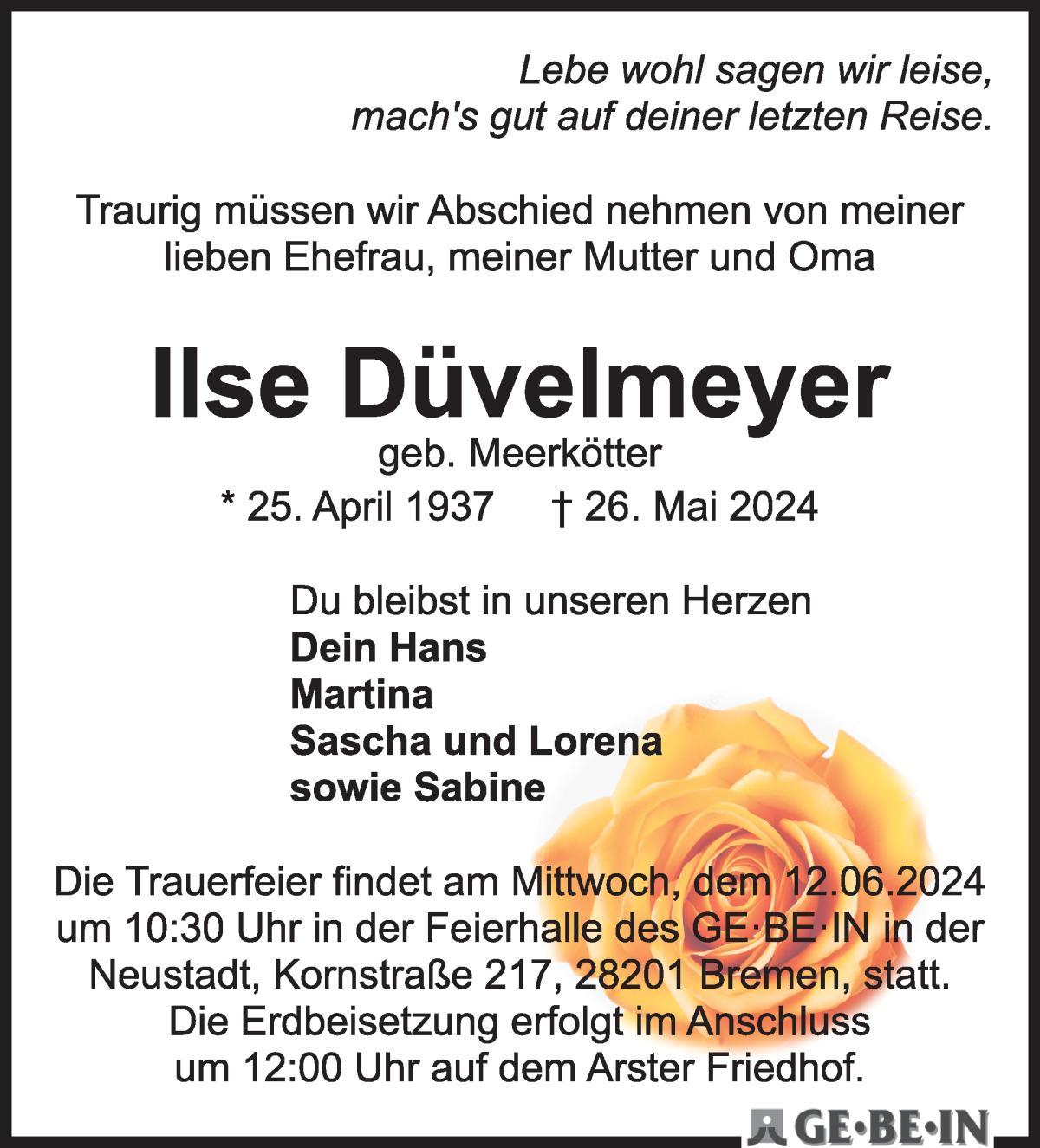Traueranzeige von Ilse Düvelmeyer von WESER-KURIER