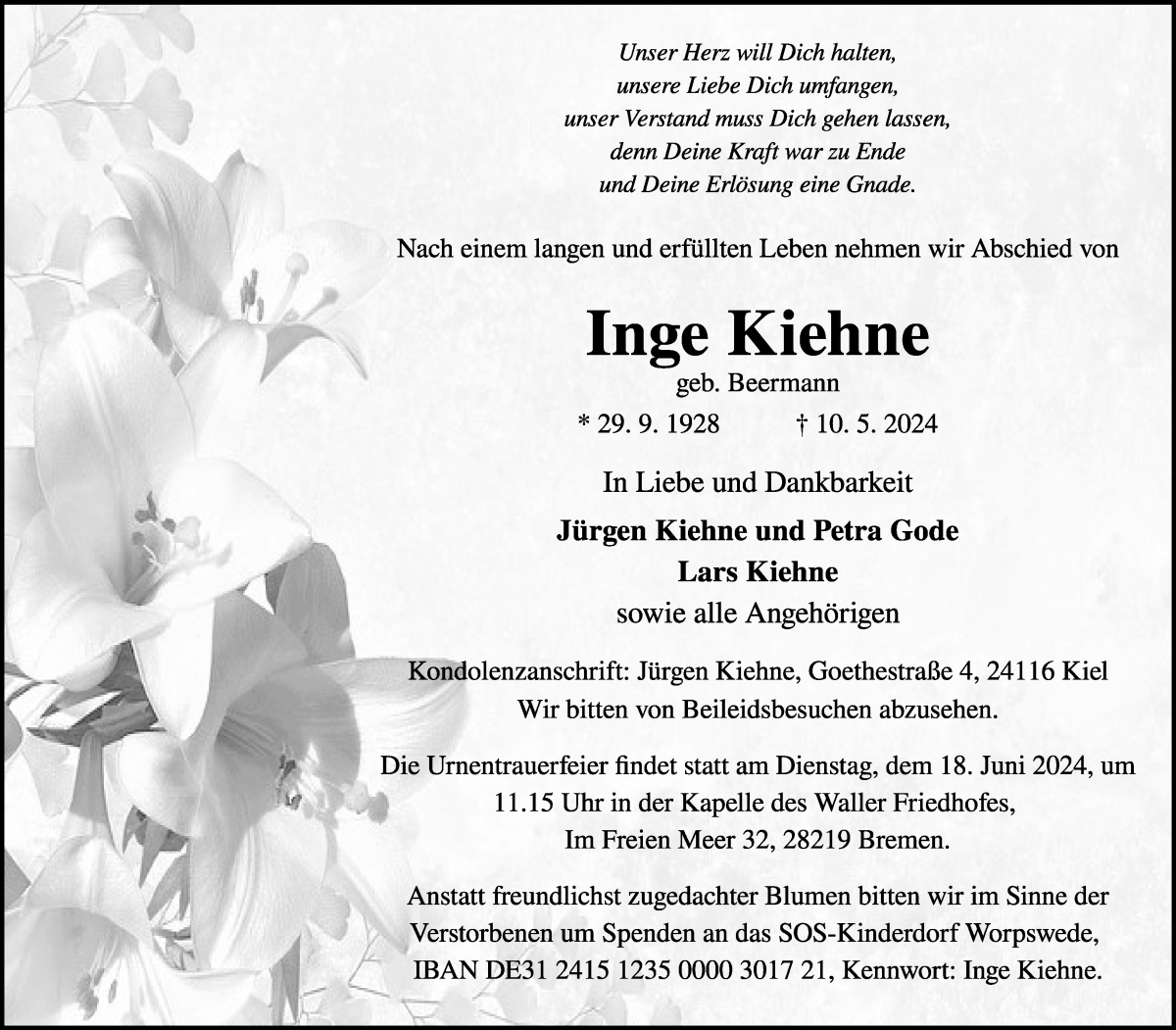 Traueranzeige von Inge Kiehne von WESER-KURIER
