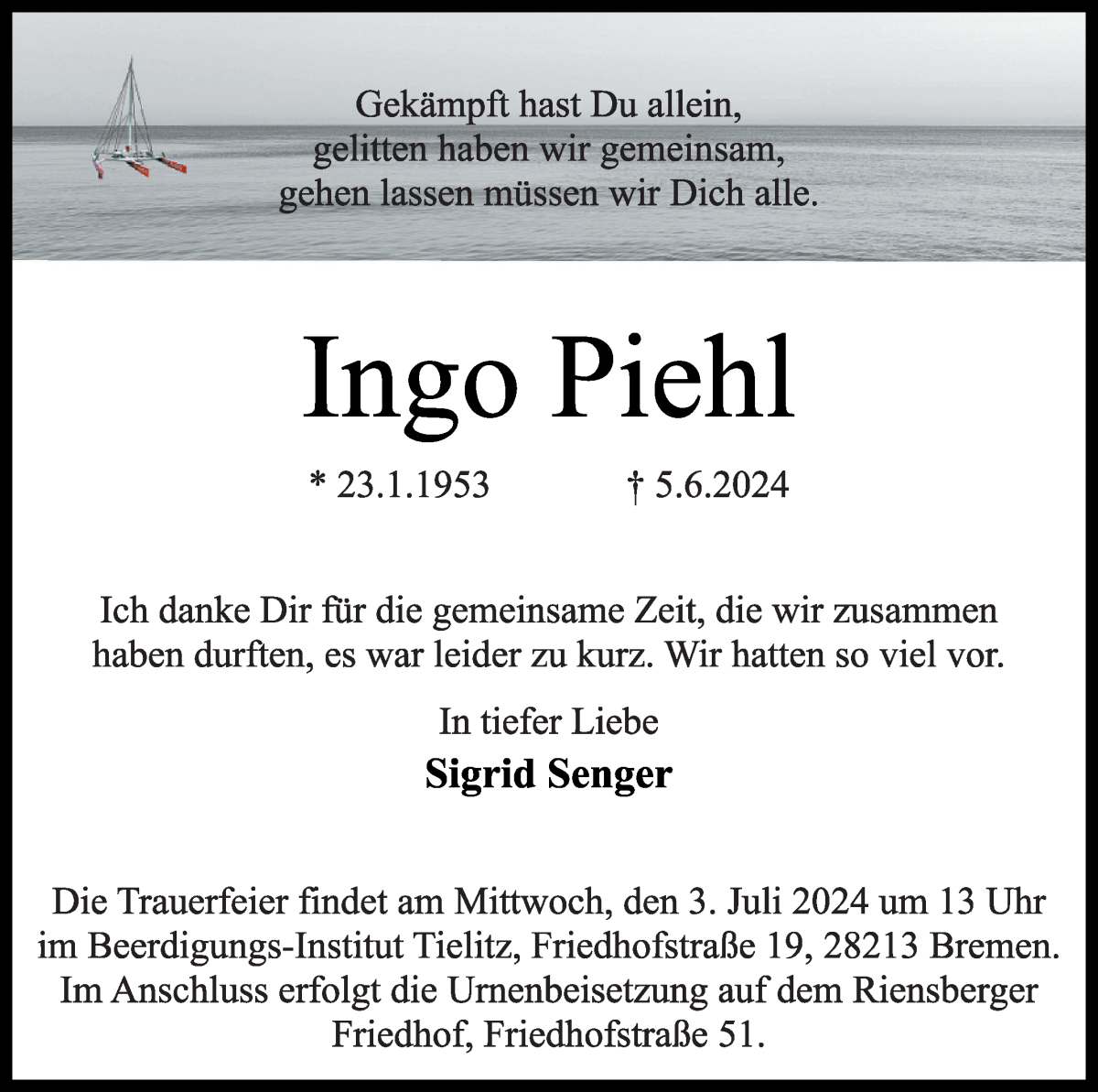 Traueranzeige von Ingo Piehl von WESER-KURIER
