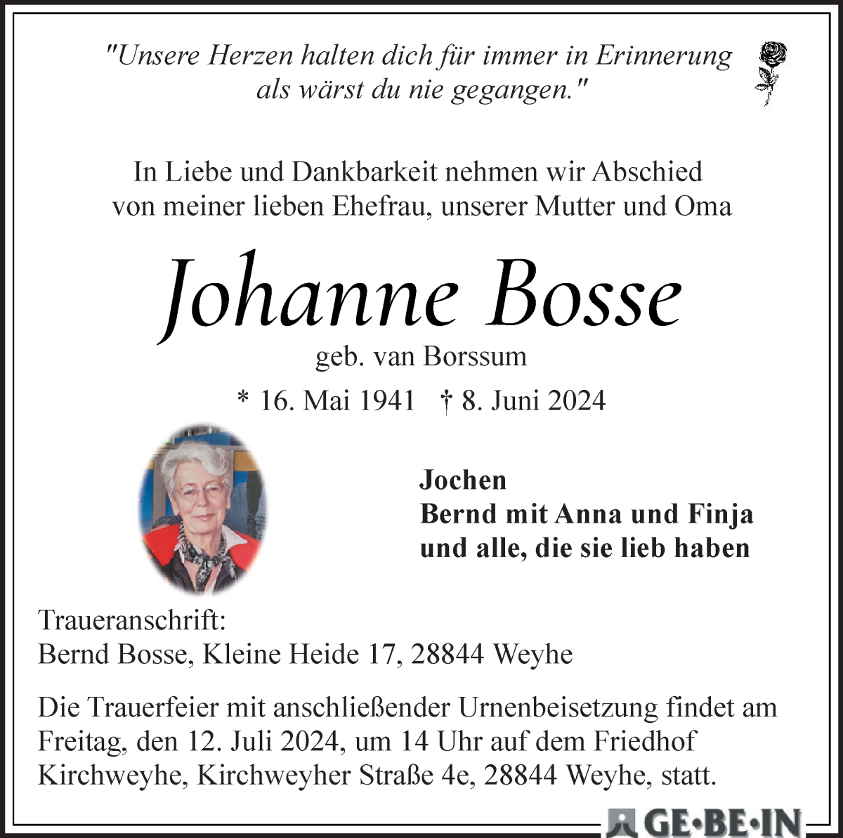 Traueranzeige von Johanne Bosse von WESER-KURIER