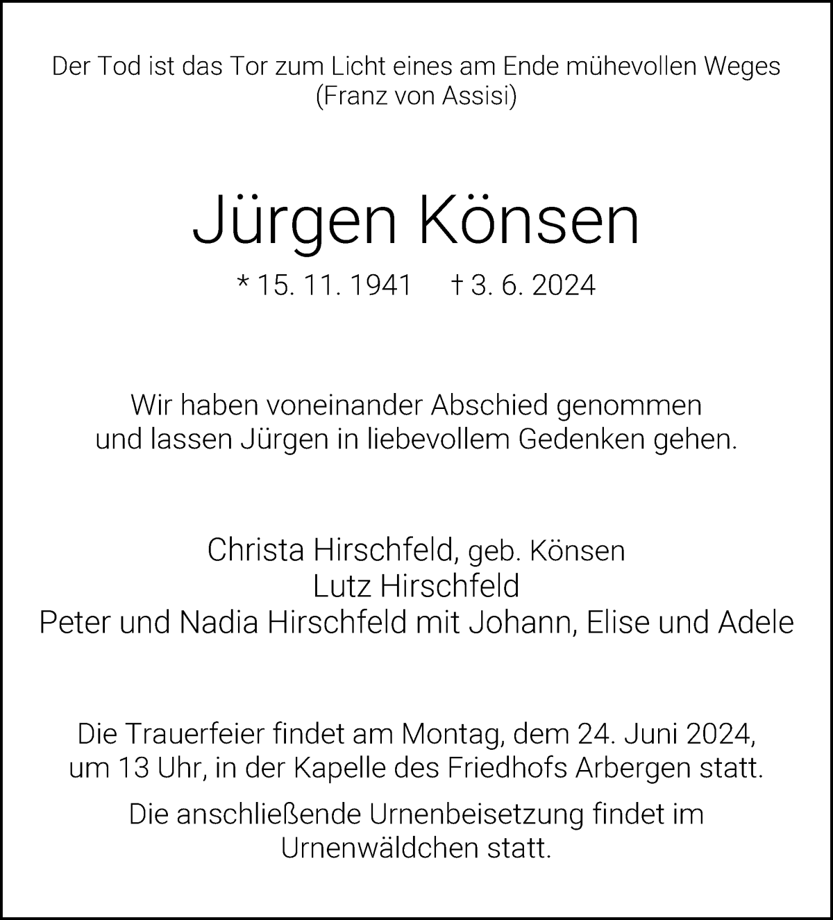 Traueranzeige von Jürgen Könsen von WESER-KURIER