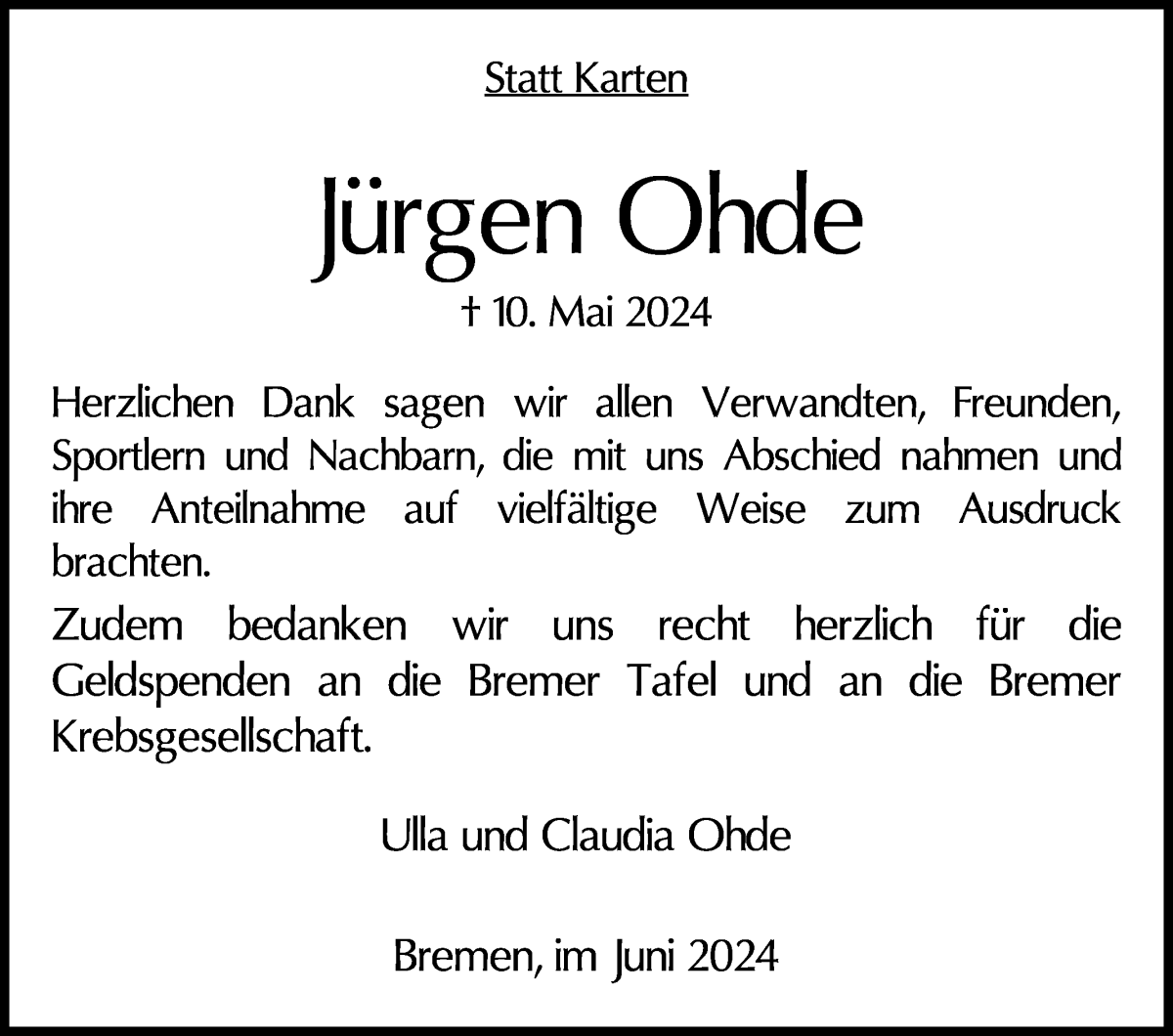 Traueranzeige von Jürgen Ohde von WESER-KURIER