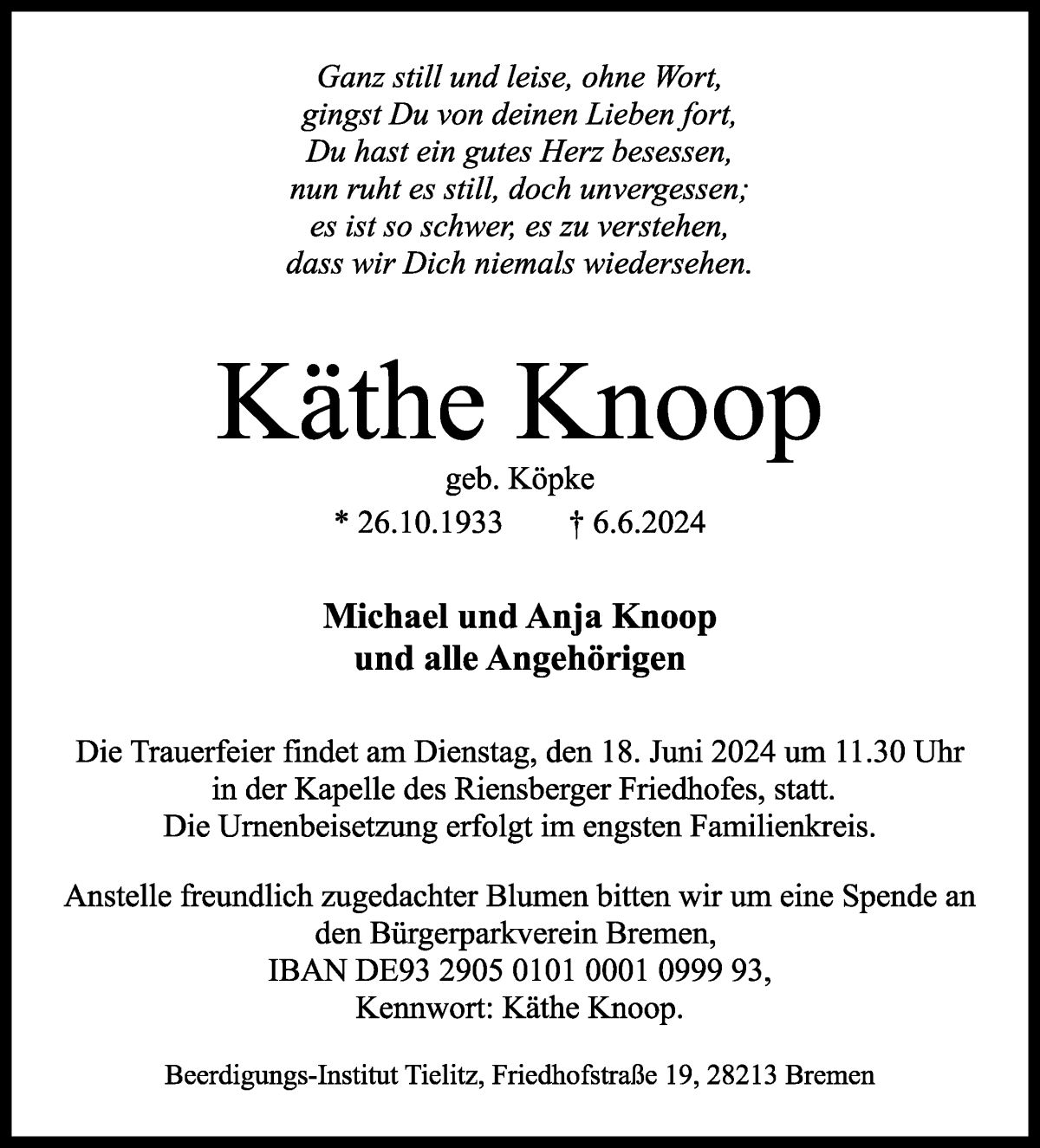 Traueranzeige von Käthe Knoop von WESER-KURIER