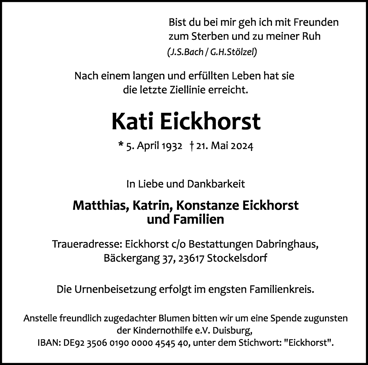 Traueranzeige von Kati Eickhorst von WESER-KURIER