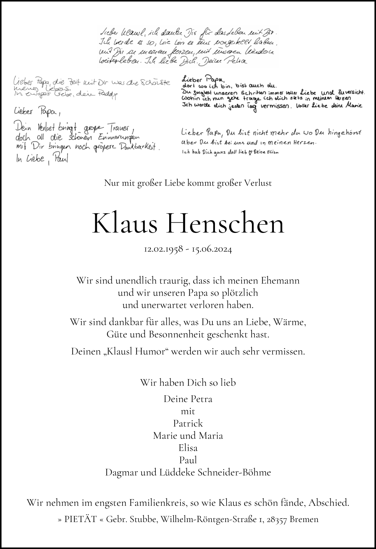 Traueranzeige von Klaus Henschen von WESER-KURIER