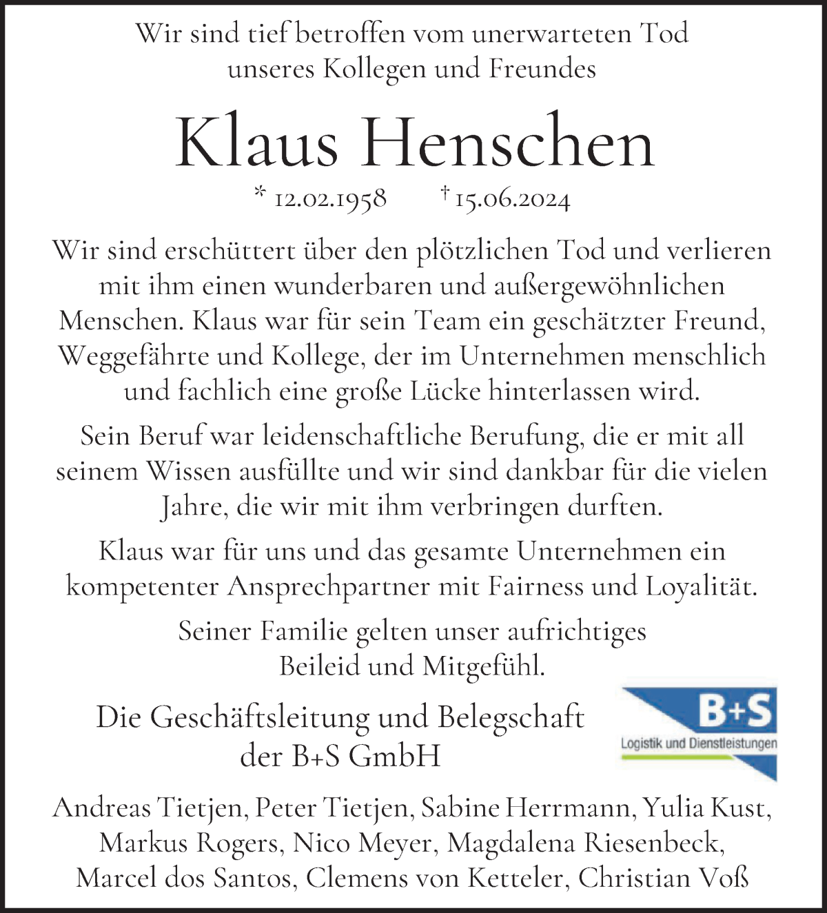 Traueranzeige von Klaus Henschen von WESER-KURIER