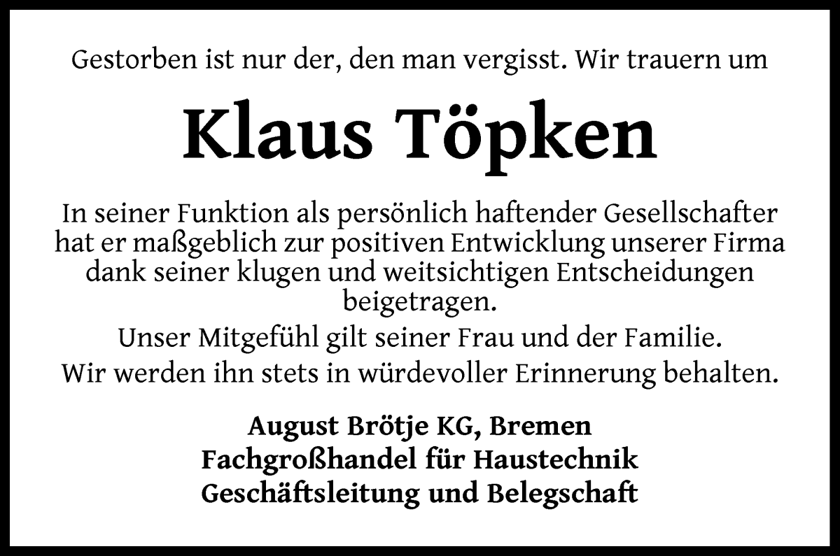Traueranzeige von Klaus Töpken von WESER-KURIER