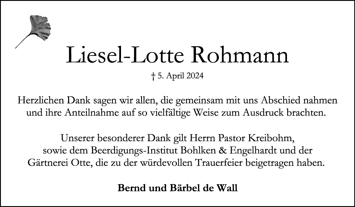 Traueranzeige von Liesel-Lotte Rohmann von WESER-KURIER