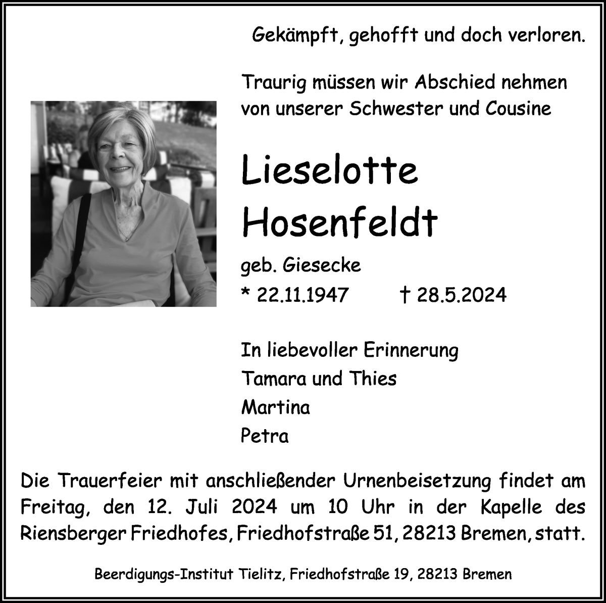Traueranzeige von Lieselotte Hosenfeldt von WESER-KURIER