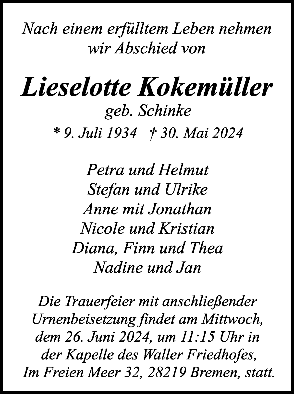 Traueranzeige von Lieselotte Kokemüller von WESER-KURIER