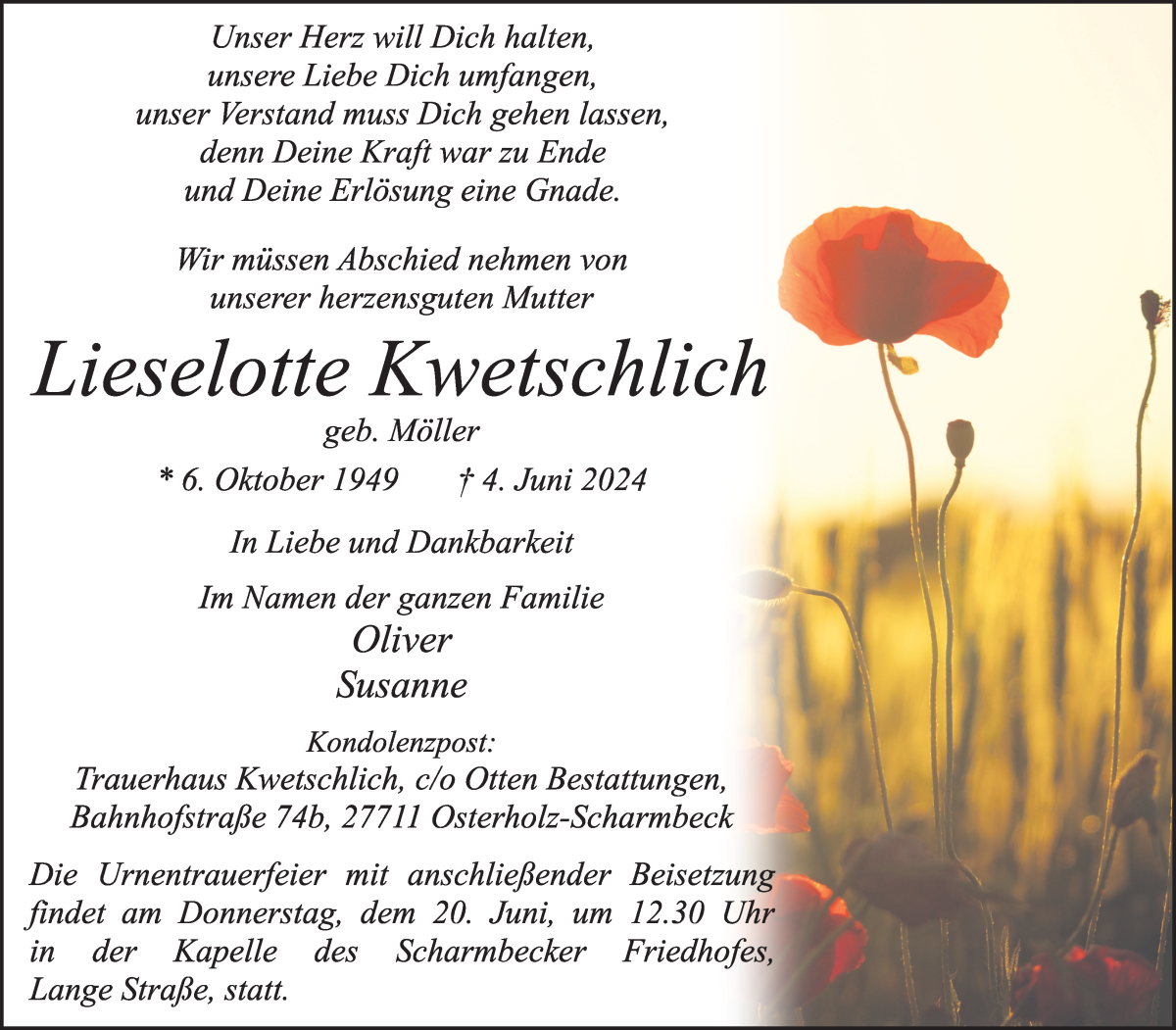 Traueranzeige von Lieselotte Kwetschlich von Osterholzer Kreisblatt