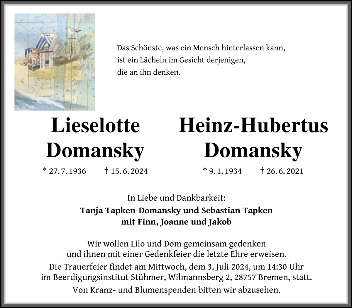 Traueranzeige von Lieselotte und Heinz-Hubertus Domansky von Die Norddeutsche