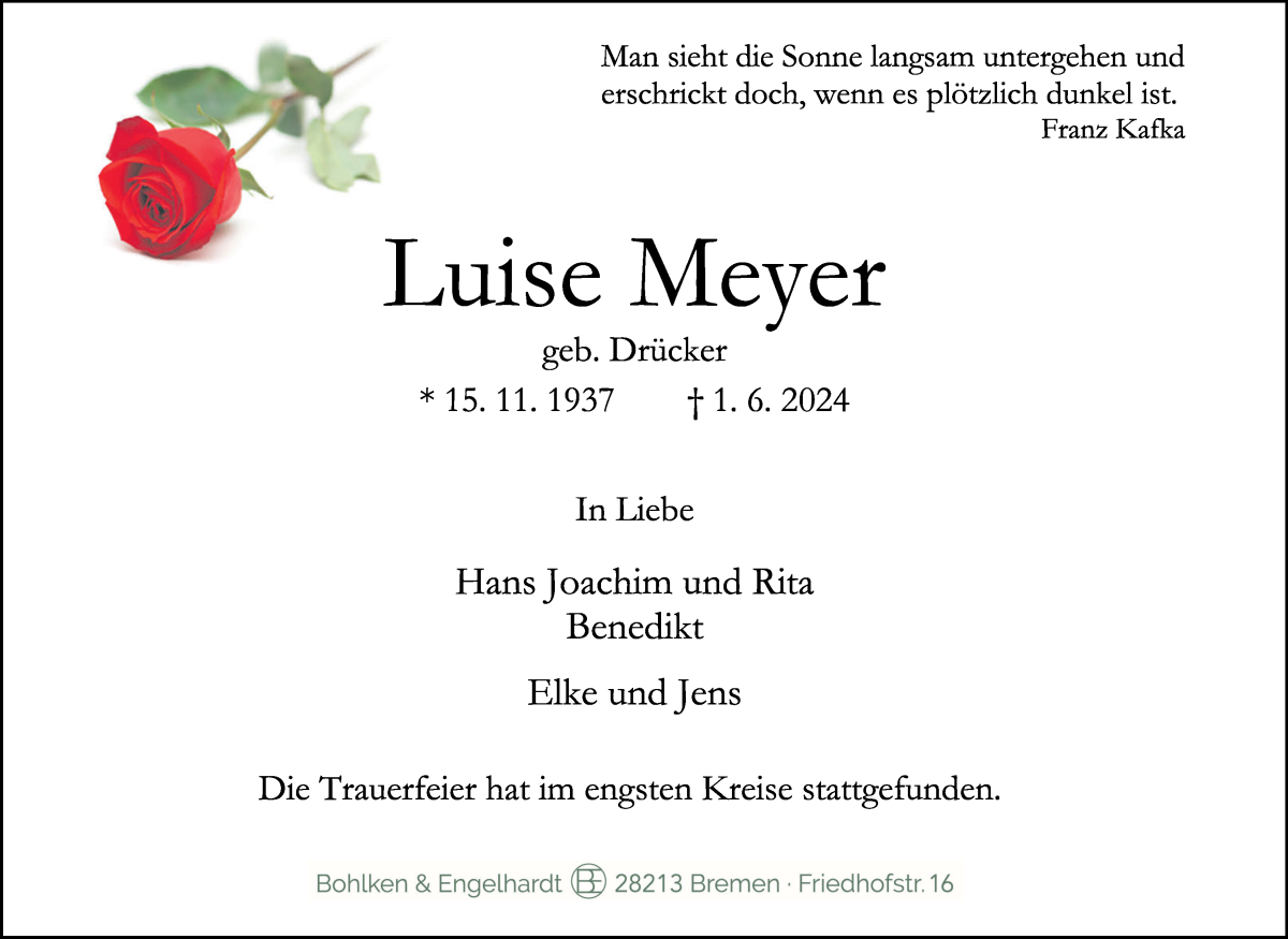 Traueranzeige von Luise Meyer von WESER-KURIER