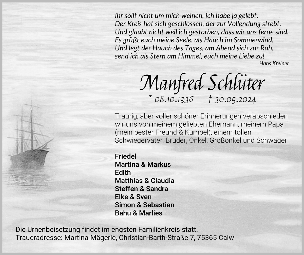 Traueranzeige von Manfred Schlüter von Die Norddeutsche