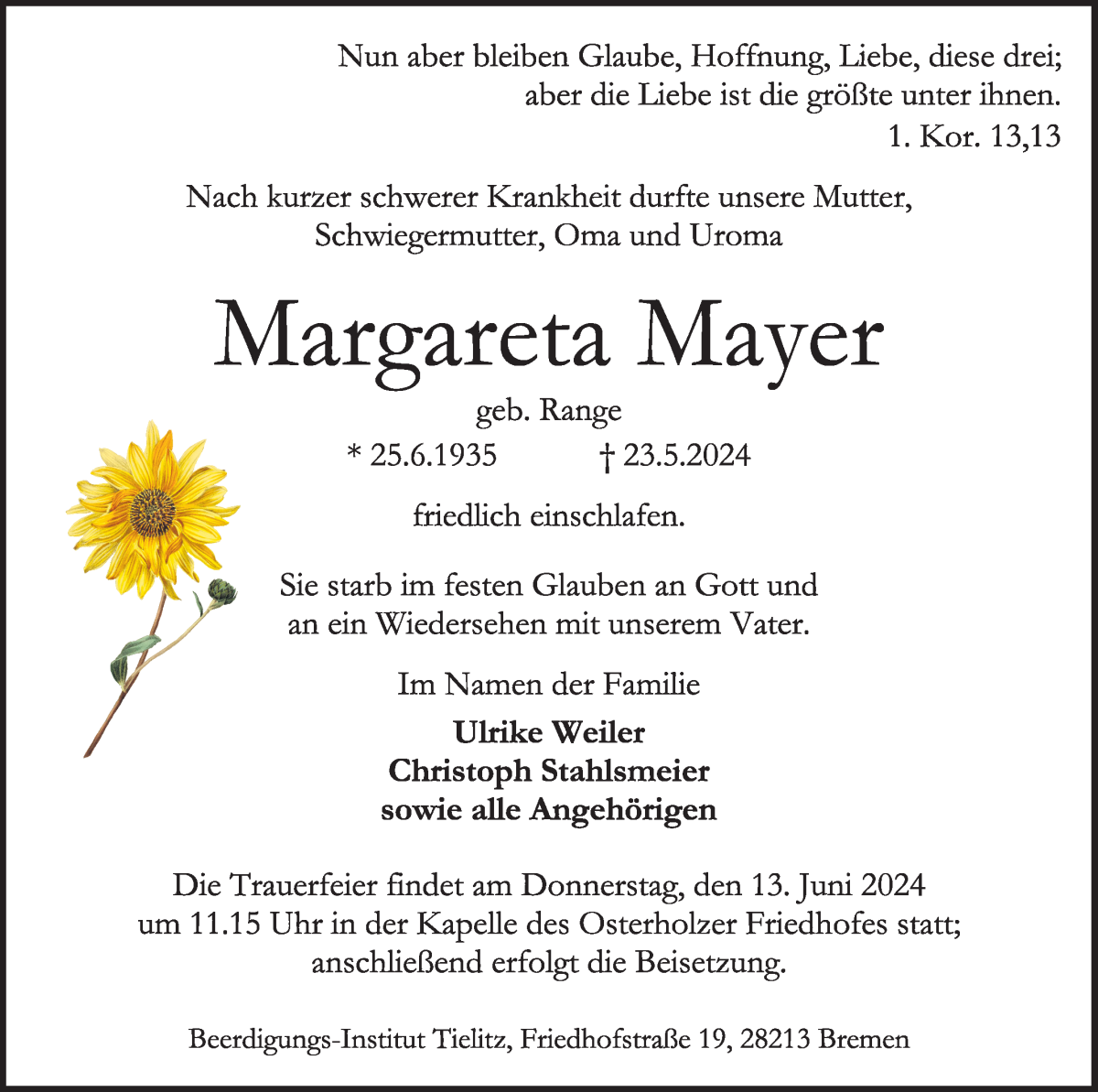Traueranzeige von Margareta Meyer von WESER-KURIER