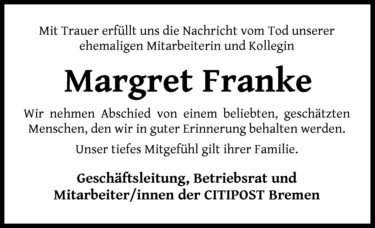 Traueranzeige von Margret Franke von WESER-KURIER