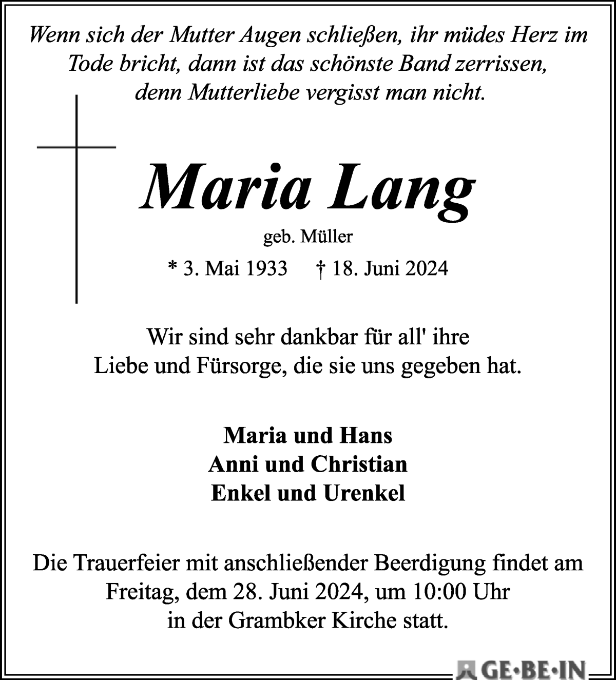Traueranzeige von Maria Lang von WESER-KURIER