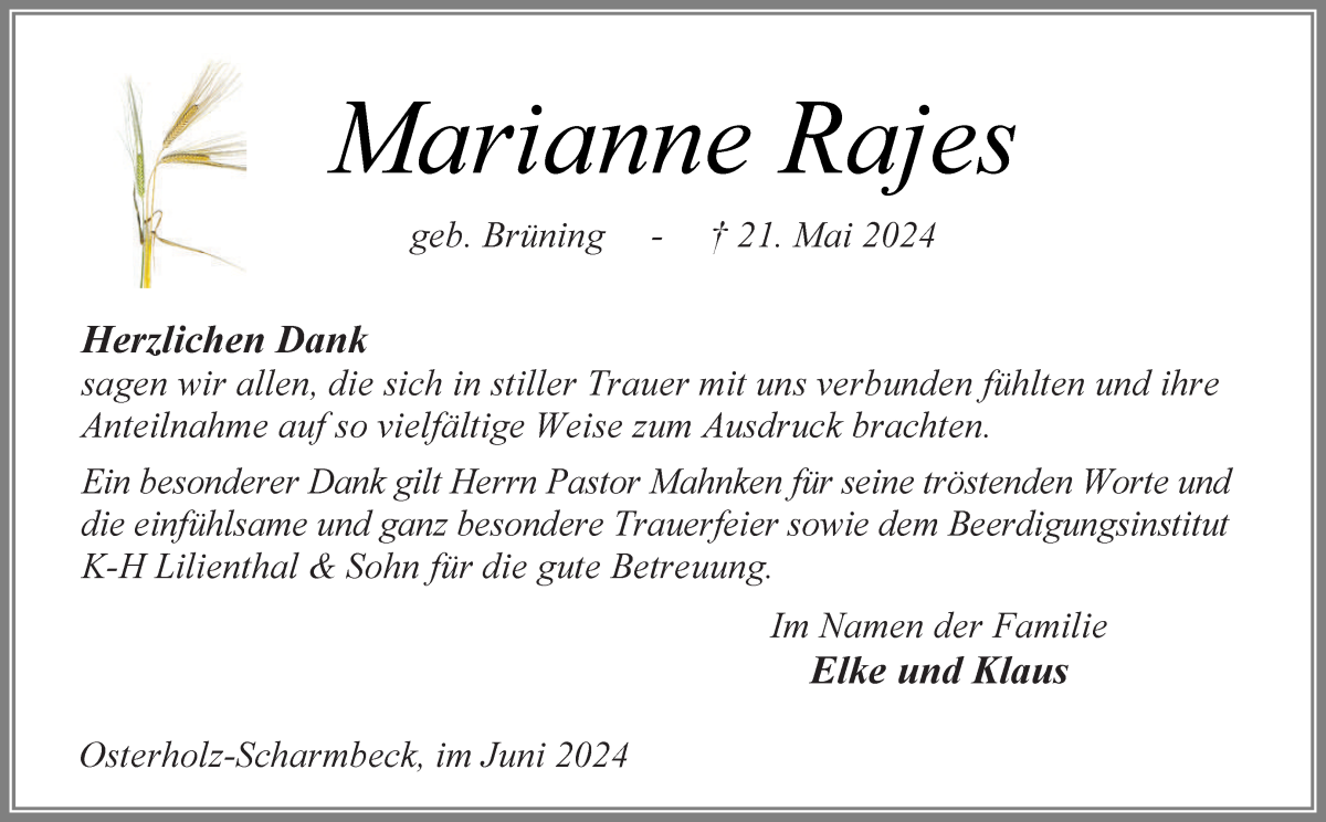 Traueranzeige von Marianne Rajes von Osterholzer Kreisblatt