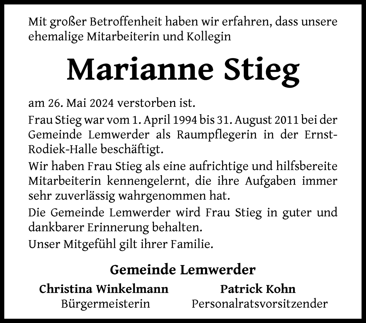 Traueranzeige von Marianne Stieg von Die Norddeutsche