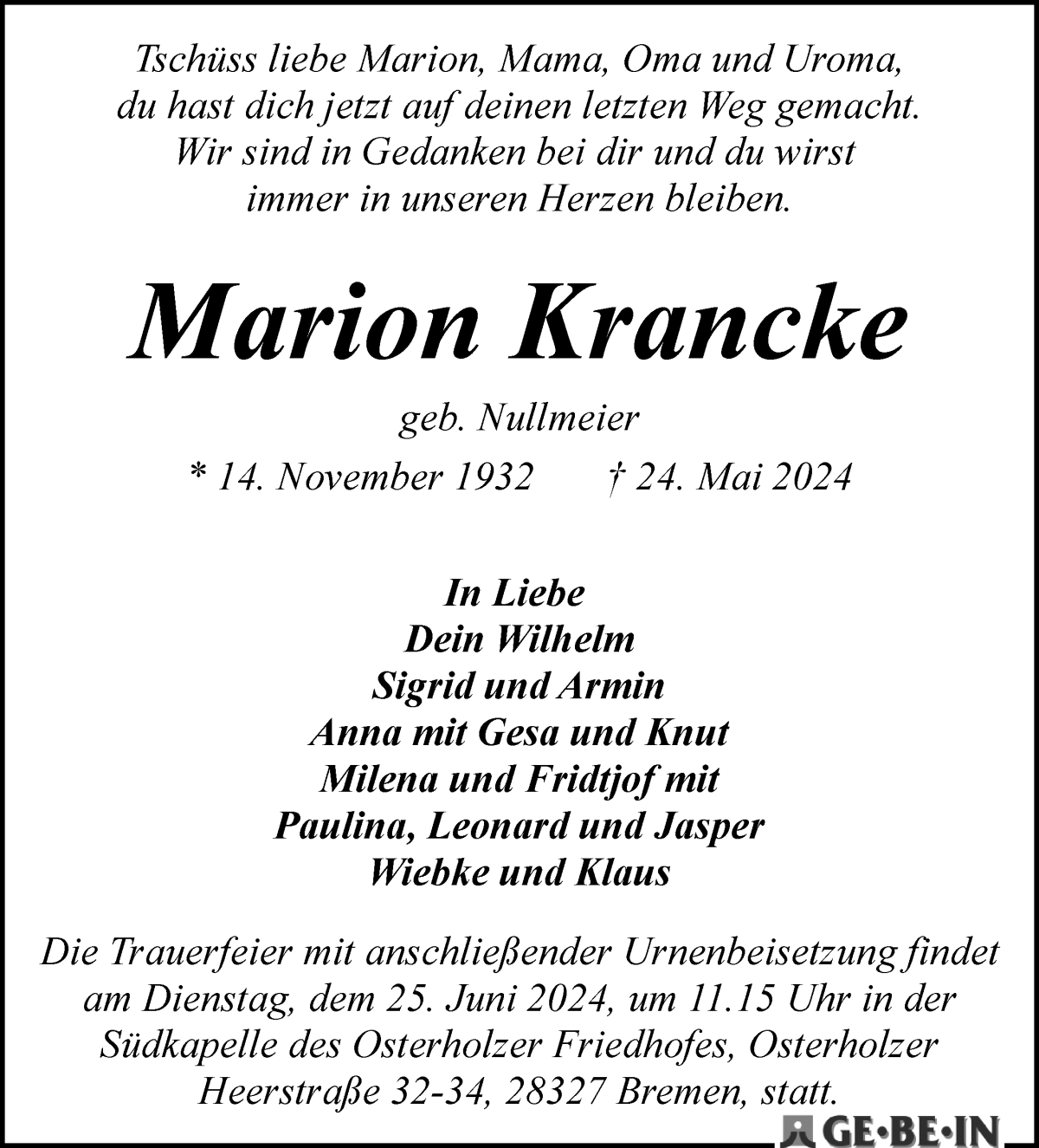 Traueranzeige von Marion Krancke von WESER-KURIER