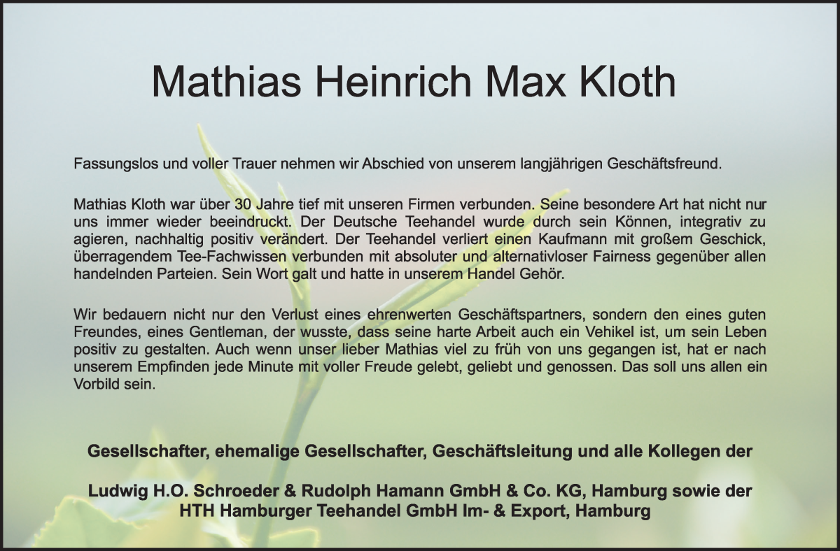 Traueranzeige von Mathias Heinrich Max Kloth von WESER-KURIER