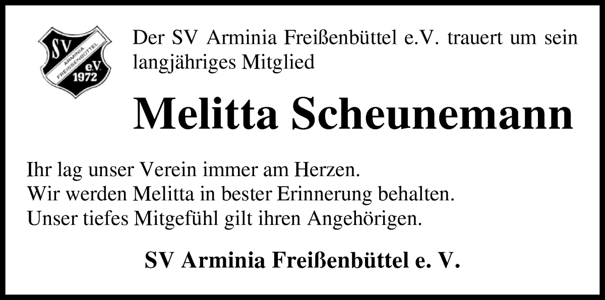 Traueranzeige von Melitta Scheunemann von Osterholzer Kreisblatt