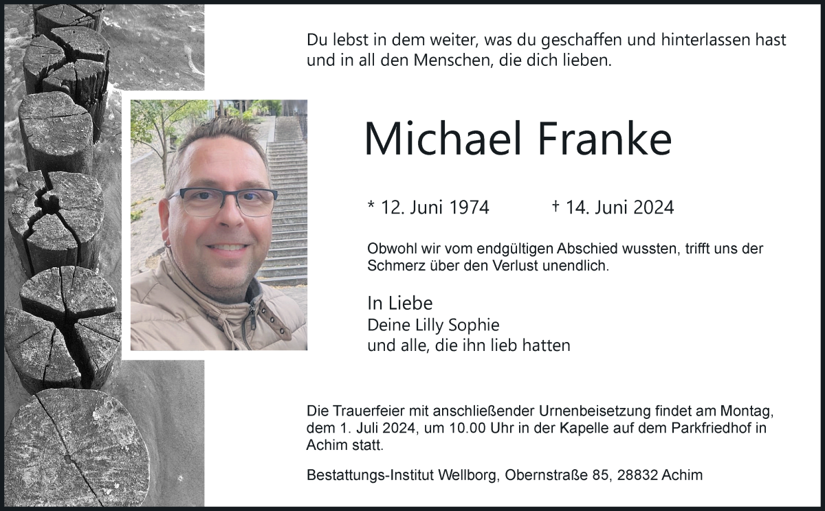 Traueranzeige von Michael Franke von Achimer Kurier/Verdener Nachrichten