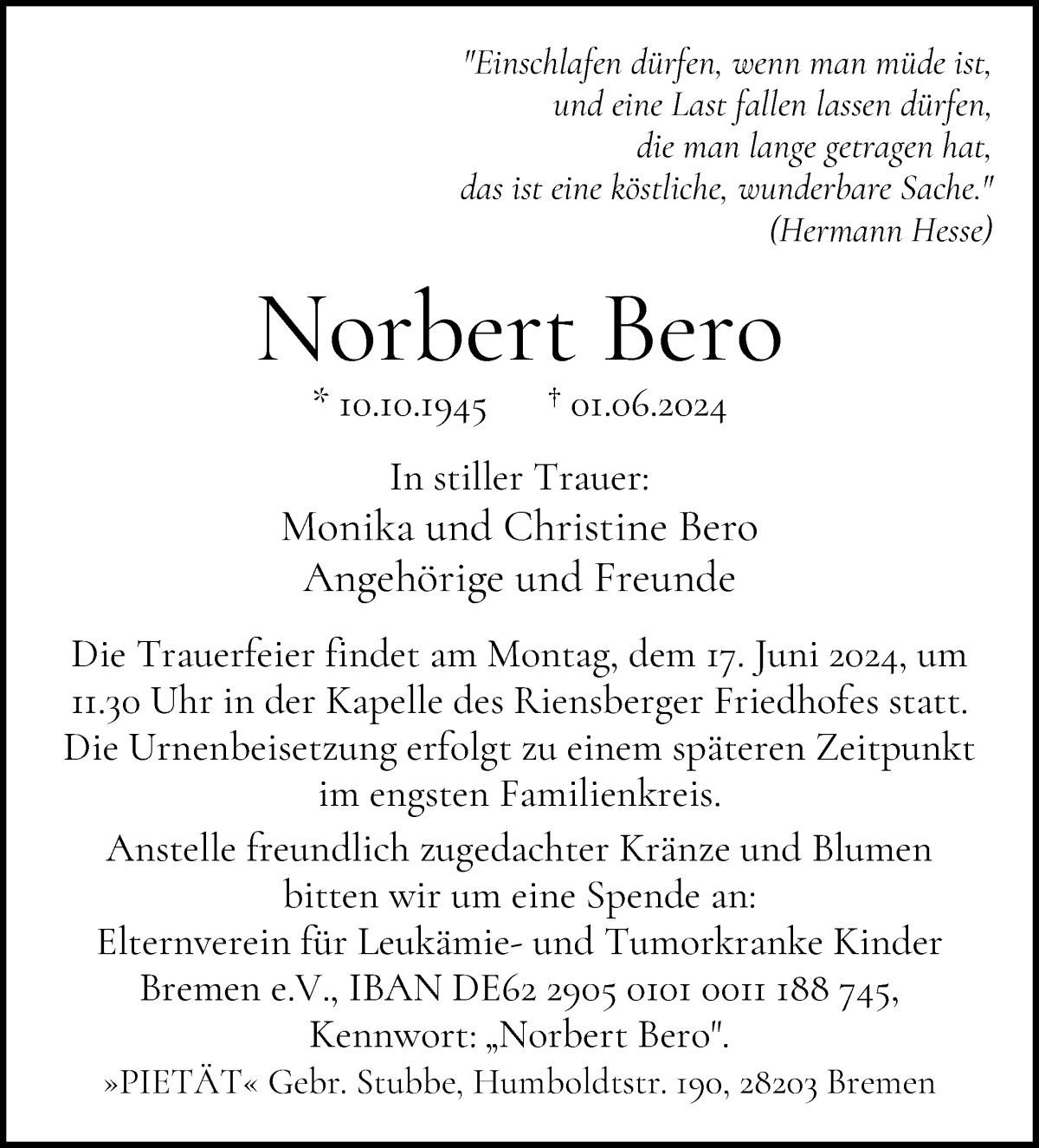 Traueranzeige von Norbert Bero von WESER-KURIER