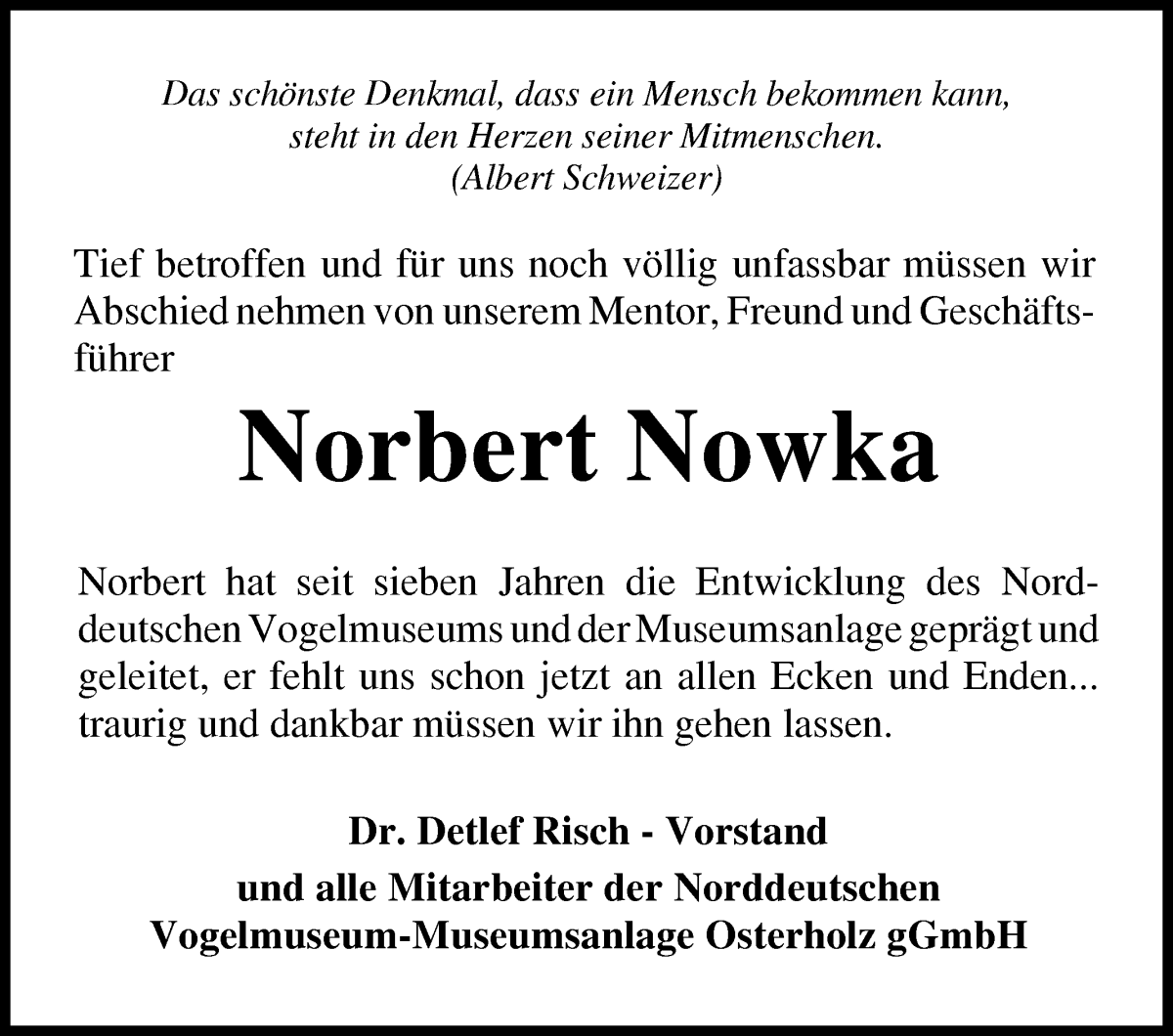 Traueranzeige von Norbert Nowka von Osterholzer Kreisblatt