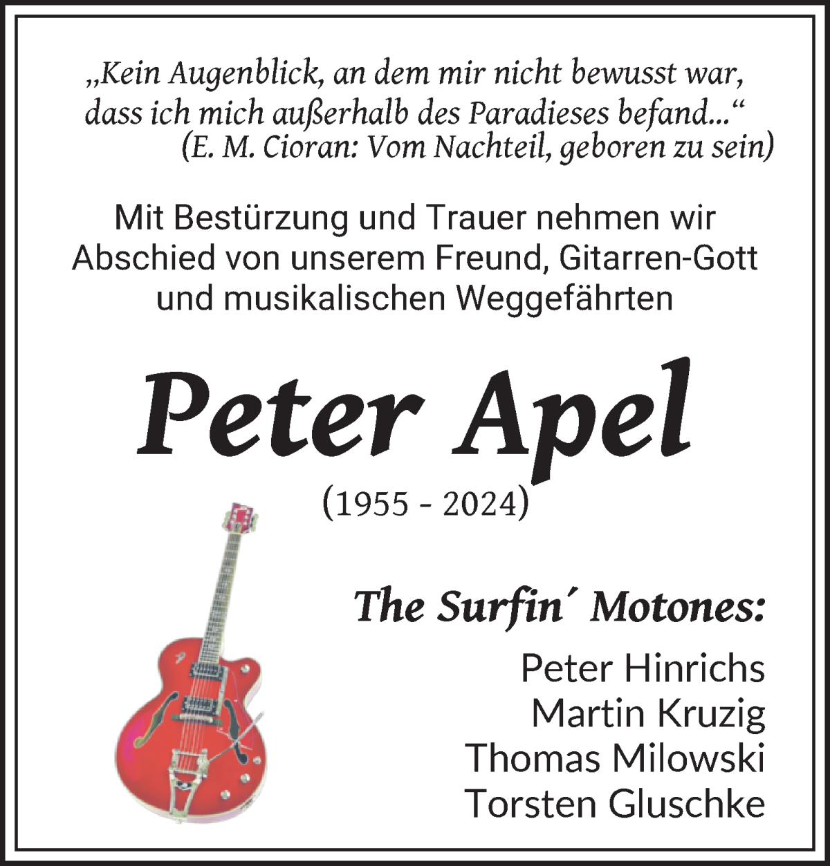 Traueranzeige von Peter Apel von WESER-KURIER
