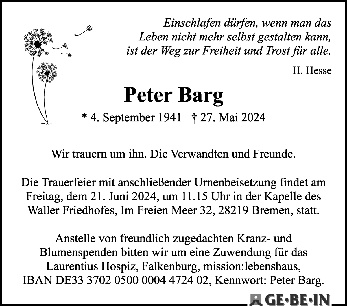 Traueranzeige von Peter Barg von WESER-KURIER