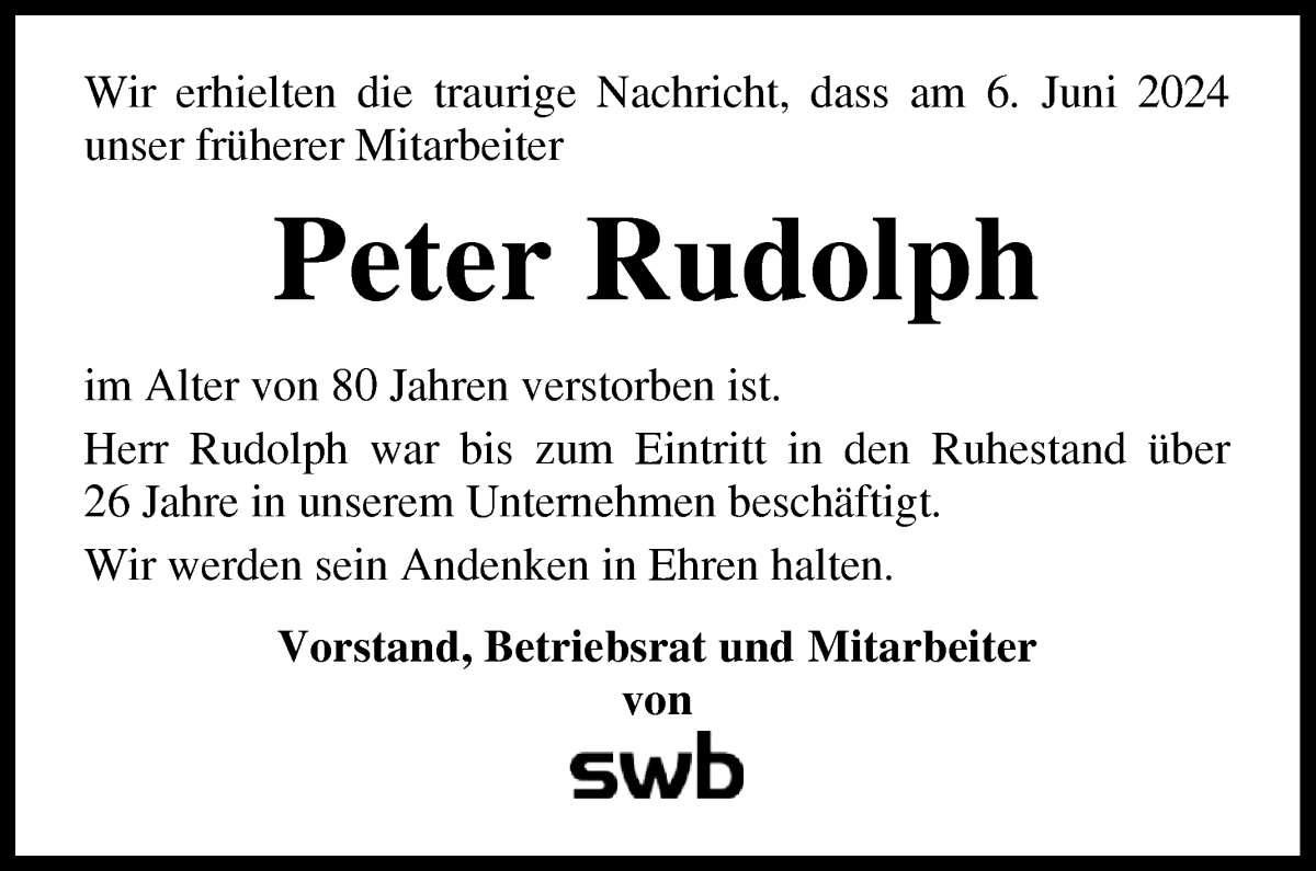 Traueranzeige von Peter Rudolph von WESER-KURIER