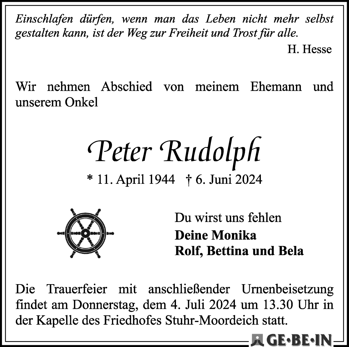 Traueranzeige von Peter Rudolph von WESER-KURIER