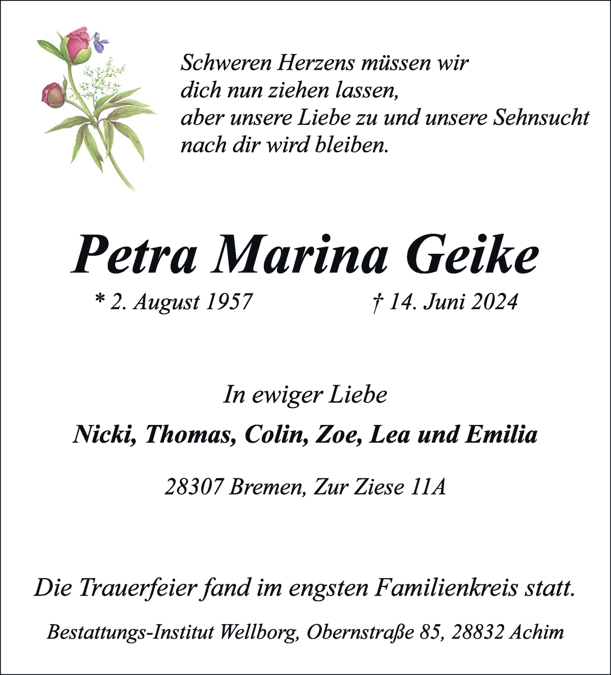 Traueranzeige von Petra Marina Geike von WESER-KURIER