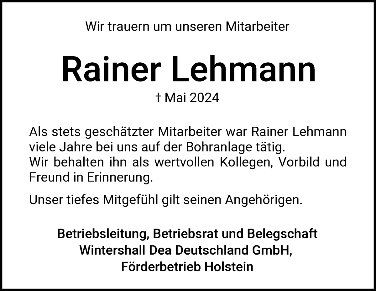 Traueranzeige von Rainer Lehmann von WESER-KURIER