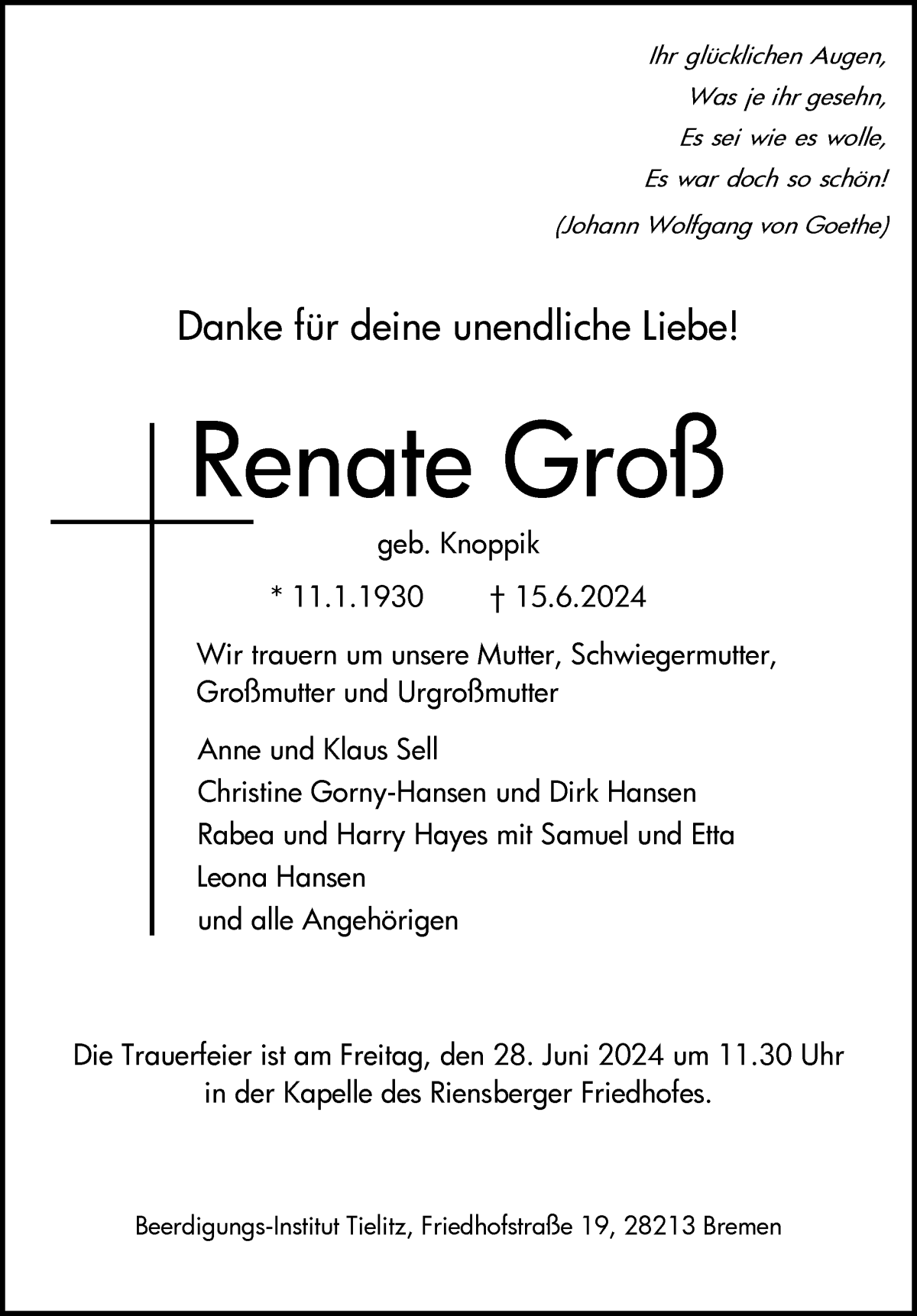 Traueranzeige von Renate Groß von WESER-KURIER