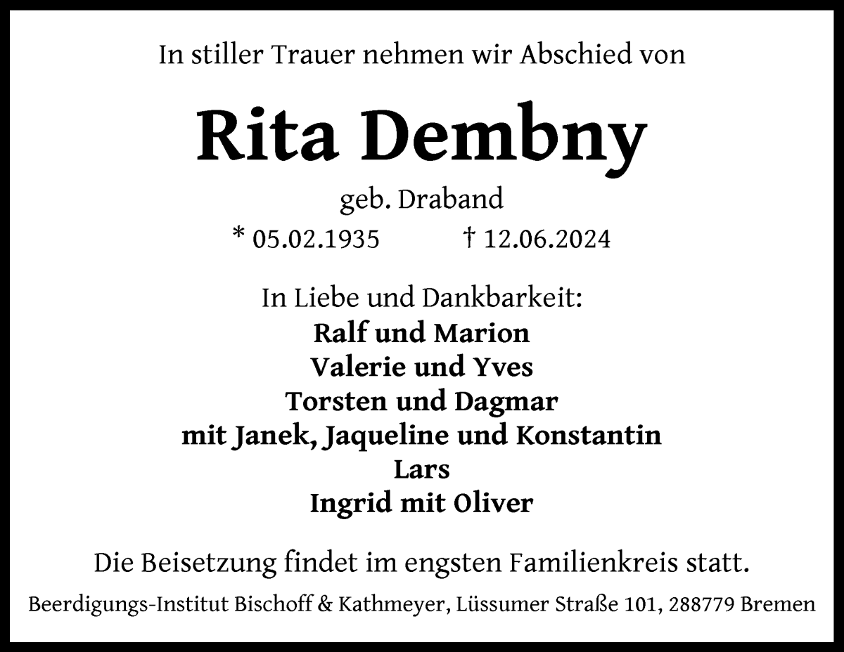 Traueranzeige von Rita Dembny von Die Norddeutsche