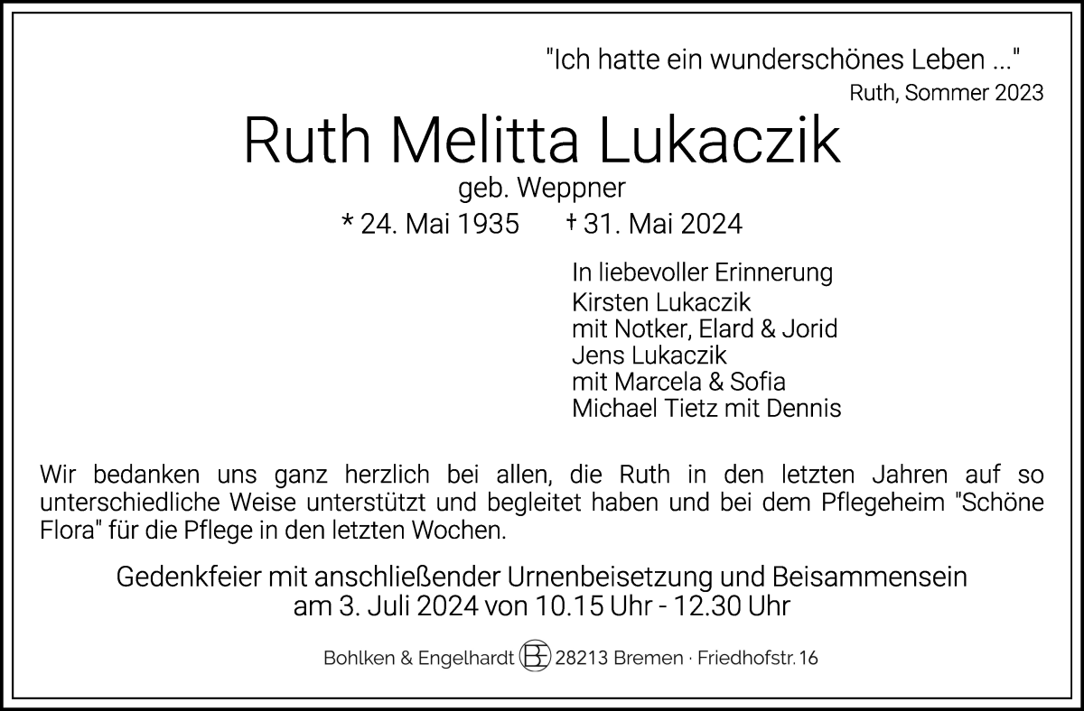 Traueranzeige von Ruth Melitta Lukaczik von WESER-KURIER