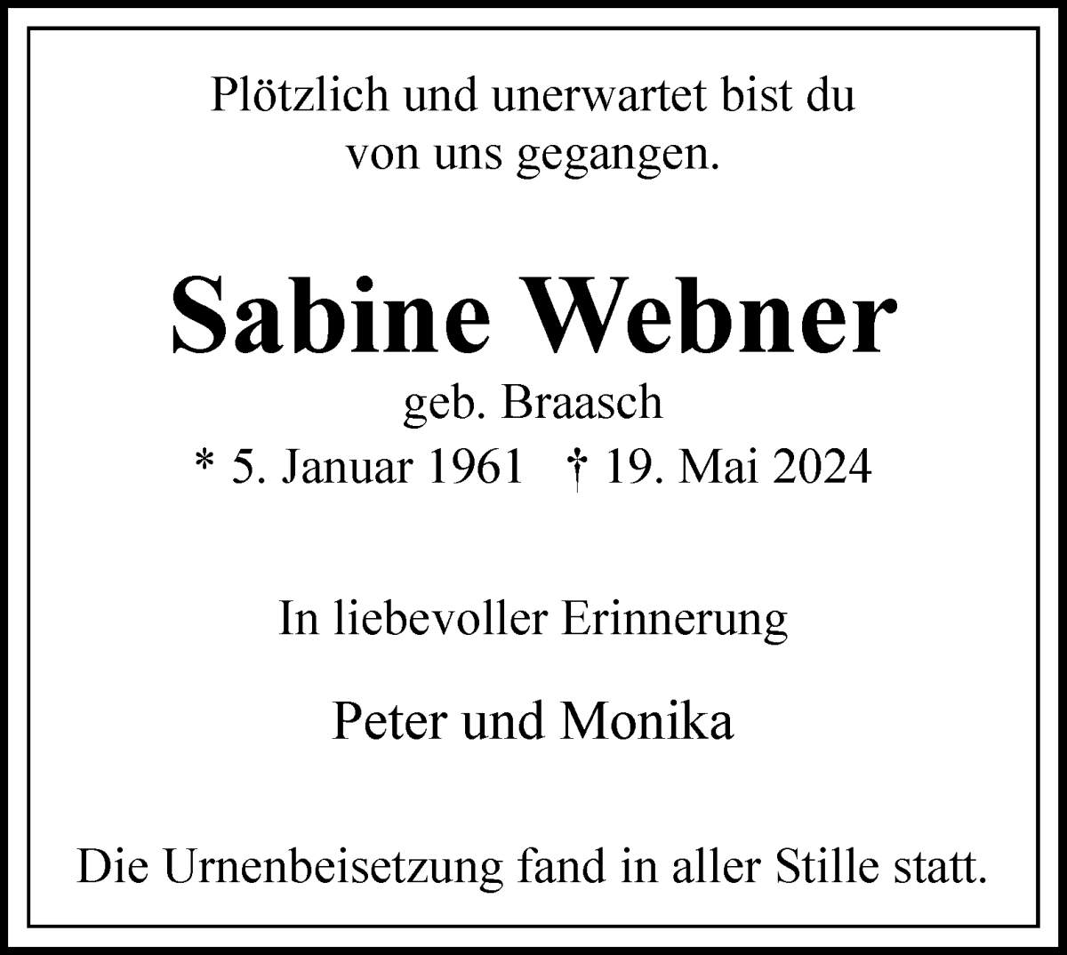 Traueranzeige von Sabine Webner von WESER-KURIER