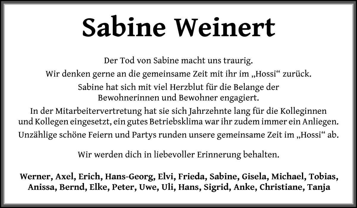 Traueranzeige von Sabine Weinert von Wuemme Zeitung