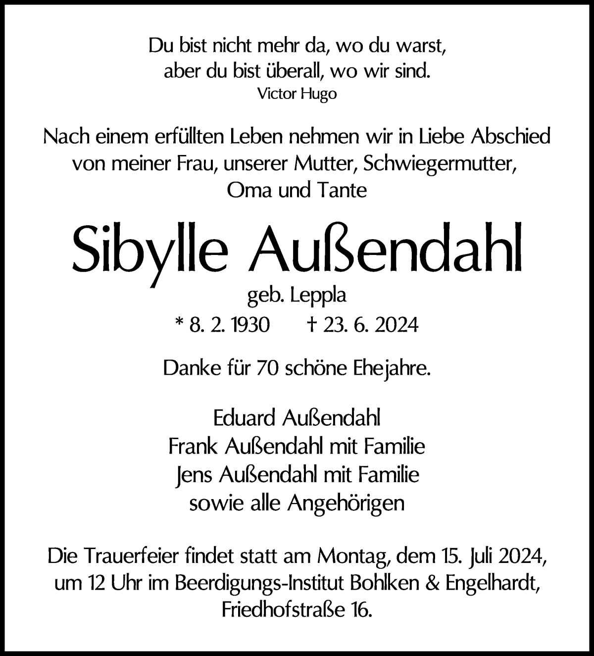 Traueranzeige von Sibylle Außendahl von WESER-KURIER