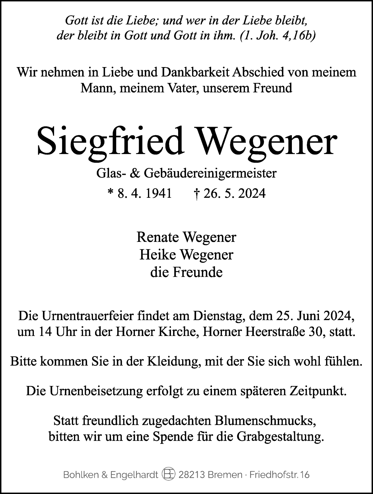 Traueranzeige von Siegfried Wegener von WESER-KURIER