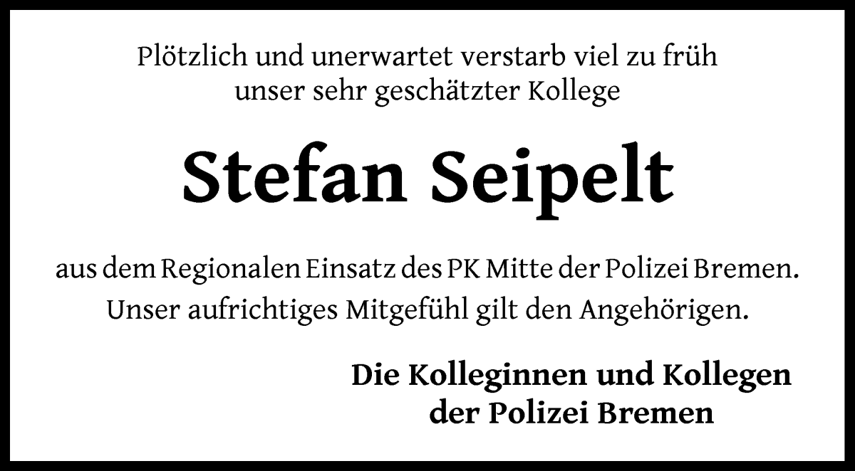 Traueranzeige von Stefan Seipelt von WESER-KURIER