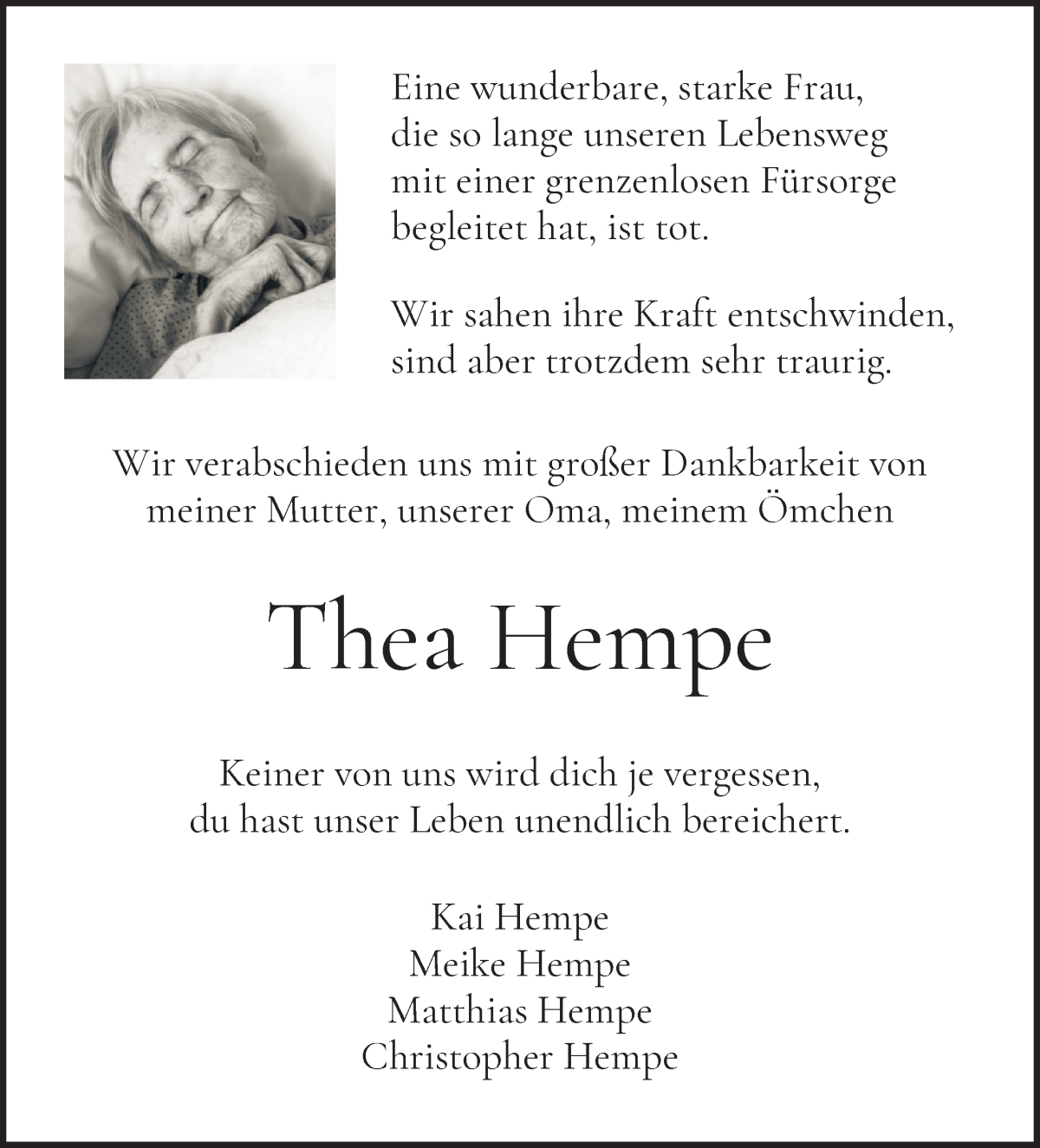 Traueranzeige von Thea Hempe von WESER-KURIER