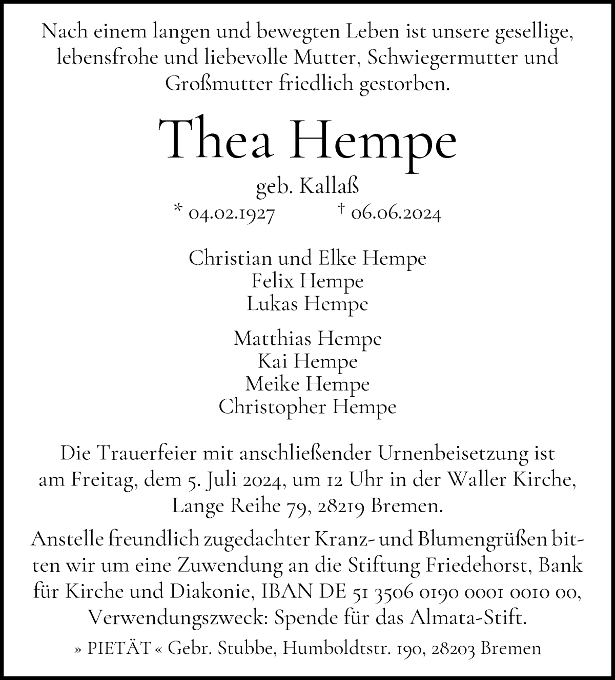 Traueranzeige von Thea Hempe von WESER-KURIER