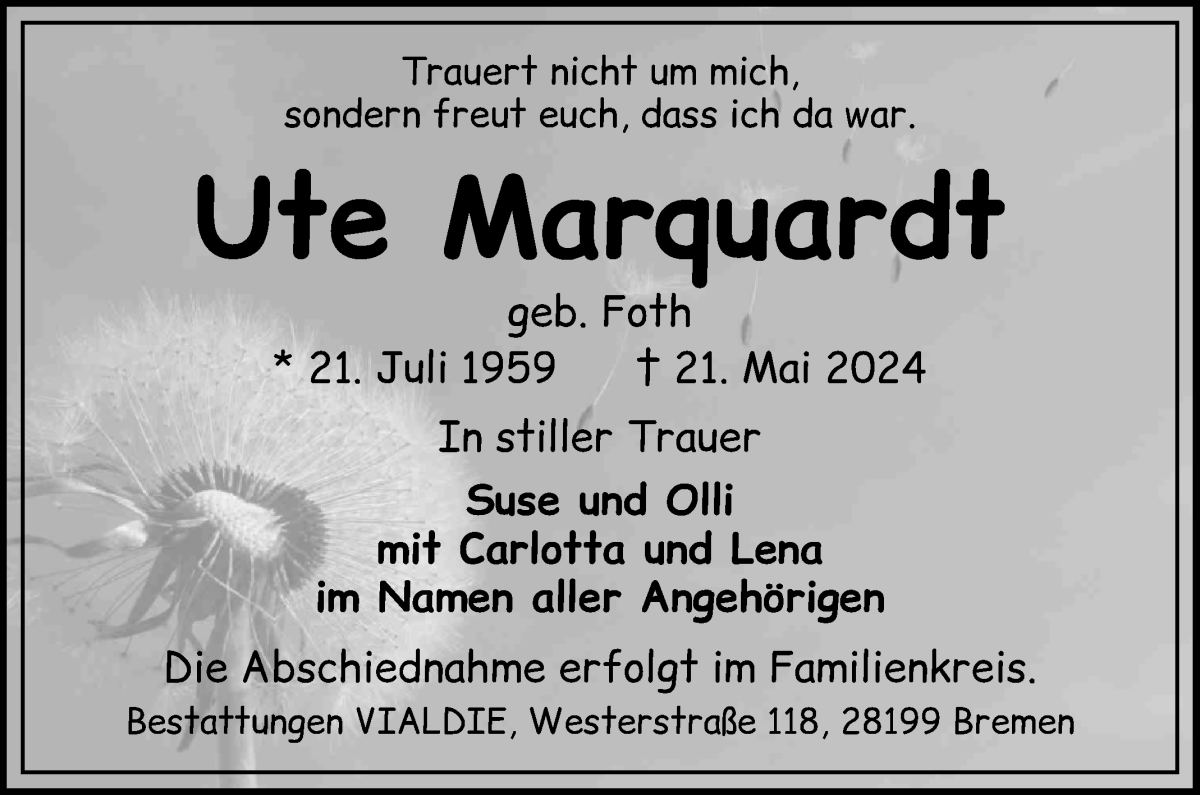 Traueranzeige von Ute Marquardt von WESER-KURIER