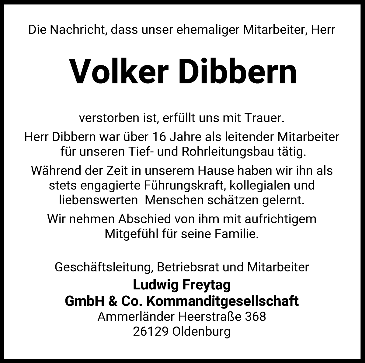 Traueranzeige von Volker Dibbern von WESER-KURIER