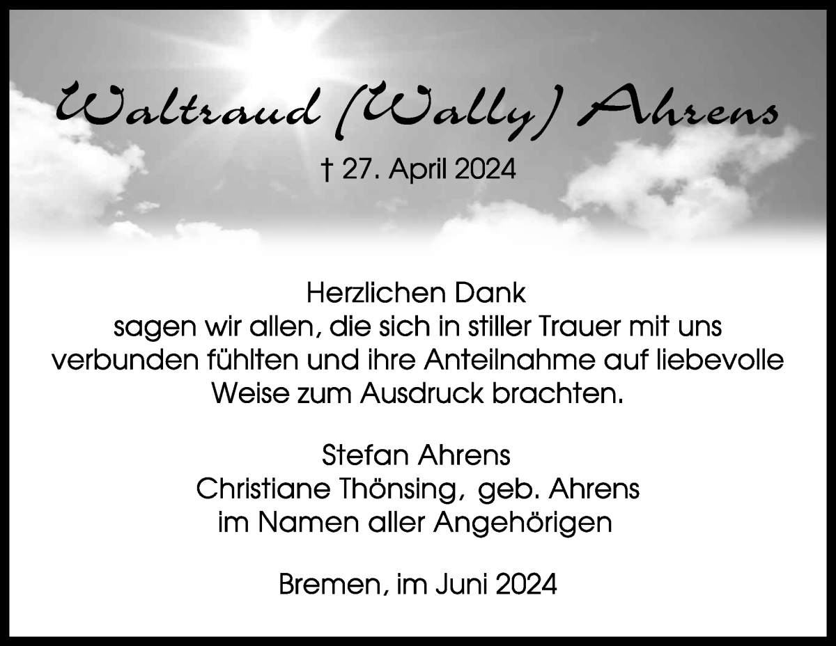 Traueranzeige von Waltraud Ahrens von WESER-KURIER